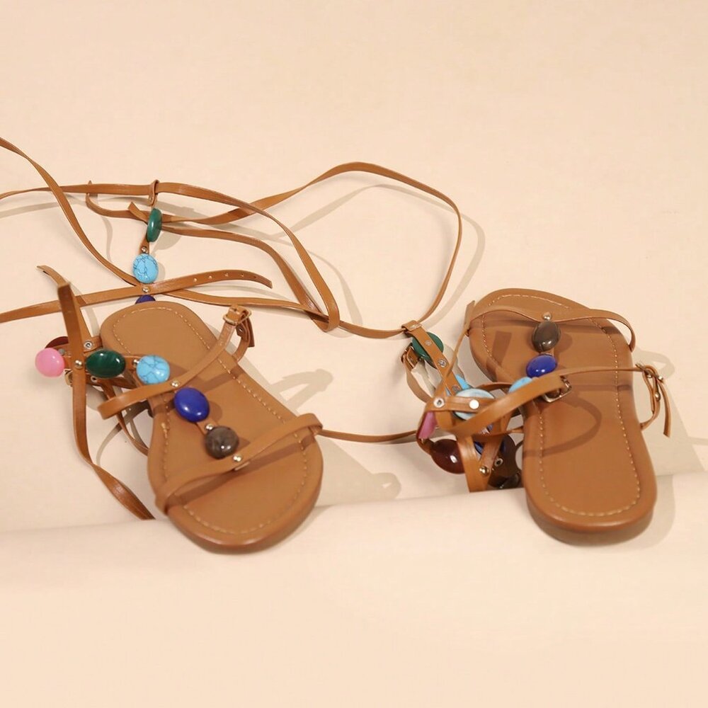 Bohemian Women's Buckle Tie Colorful Gem & Pearl Beaded sandals - Picture 3 of 7